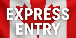 Gráfico con la bandera de Canadá y el texto “Express Entry”, representando el sistema migratorio canadiense