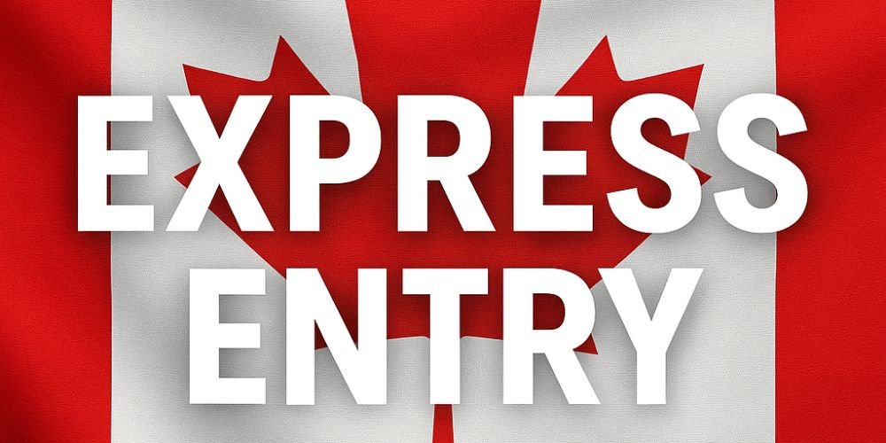 Gráfico con la bandera de Canadá y el texto “Express Entry”, representando el sistema migratorio canadiense