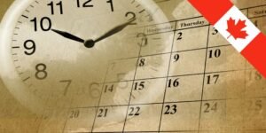 Reloj, calendario y bandera de Canadá representando los tiempos de procesamiento del Express Entry