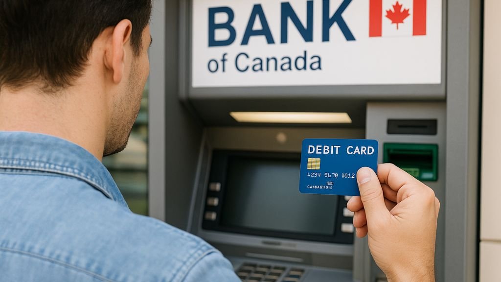 Persona insertando una tarjeta de débito azul en un cajero automático en Canadá