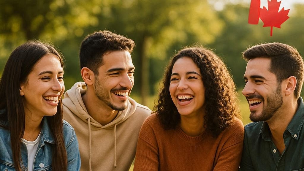 Jóvenes inmigrantes hispanohablantes riendo en un parque de Canadá