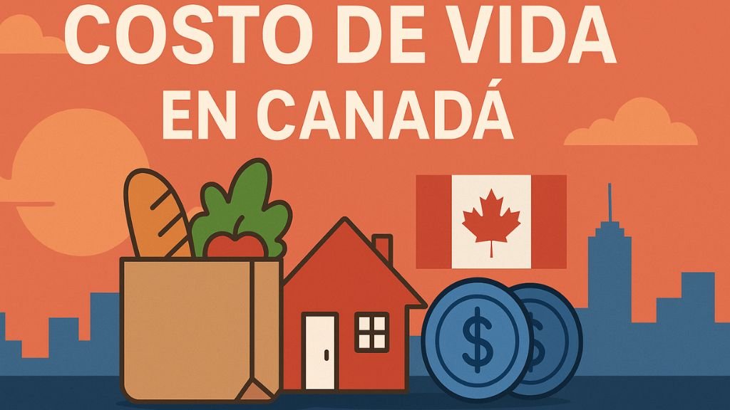 Ilustración sobre el coste de vida en Canadá con casa, alimentos y bandera