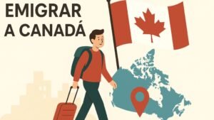 Ilustración de un viajero mexicano con maleta frente a un mapa de Canadá y la bandera canadiense, con el texto "Emigrar a Canadá"