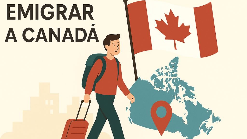 Ilustración de un viajero mexicano con maleta frente a un mapa de Canadá y la bandera canadiense, con el texto "Emigrar a Canadá"