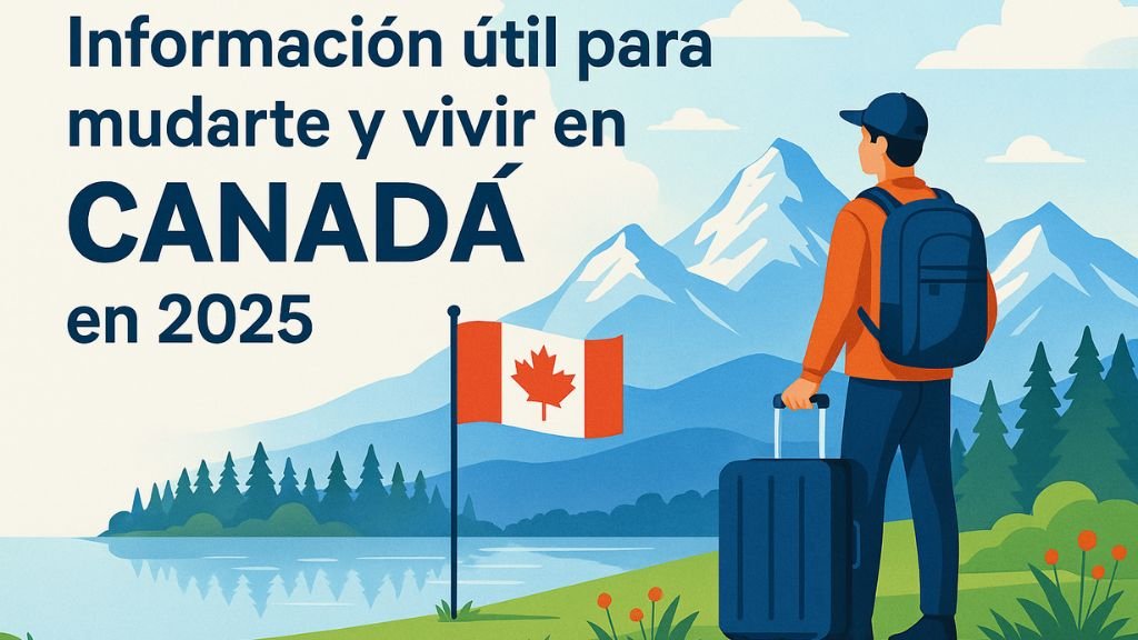 Ilustración de un viajero observando el paisaje canadiense con una maleta y la bandera de Canadá, montañas nevadas al fondo