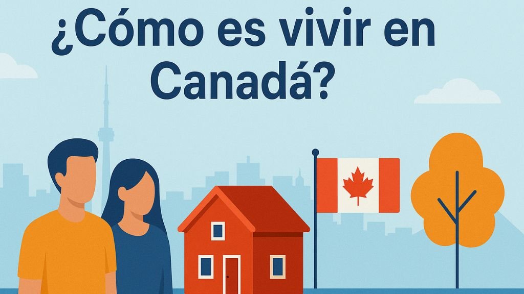 Pareja frente a casa con bandera de Canadá y fondo urbano, representando la vida en Canadá