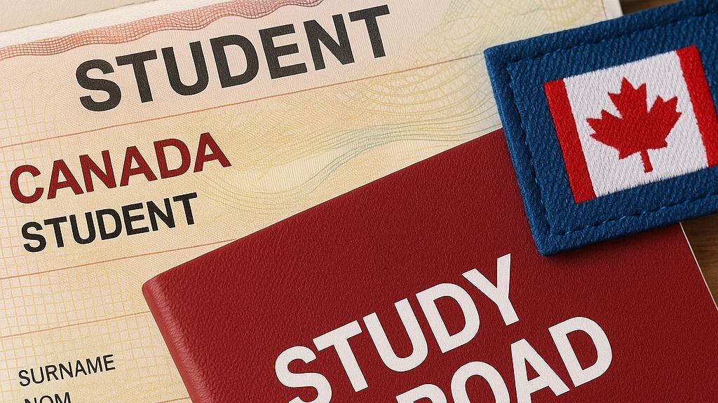 Visa de estudios canadiense junto a un pasaporte, representando el permiso para estudiar en Canadá