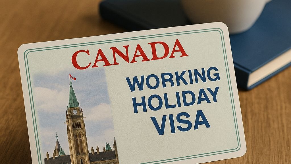 Tarjeta Working Holiday Visa de Canadá junto a una mochila de viaje, billetes de avión y un pasaporte